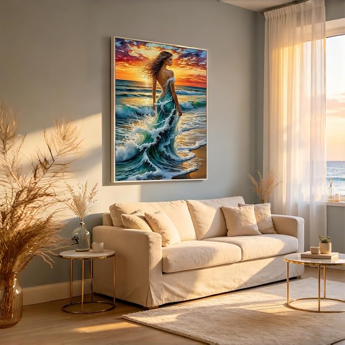 Ocean Wave Woman Diamond Painting Kit for Adults, Fantasy Beach Sunset Lady, 5D Full Round Drill Diamond Art Beginners Canvas for Home Wall Decor, DIY Paint by Diamonds Dot Gem Craft12x16 Inch