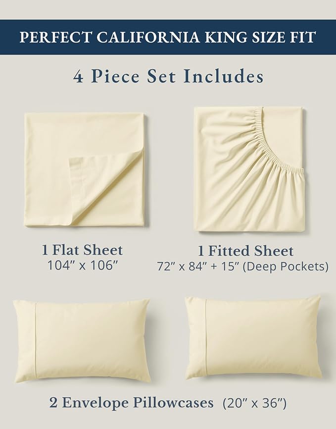 LANE LINEN California King Sheet Set 100% Organic Cotton 4pc Soft - Natural | Cal King Sheet Set, GOTS Certified Organic Cotton Percale - Great For Gifting, Easy-Care Machine Washable, For Hot Sleepers