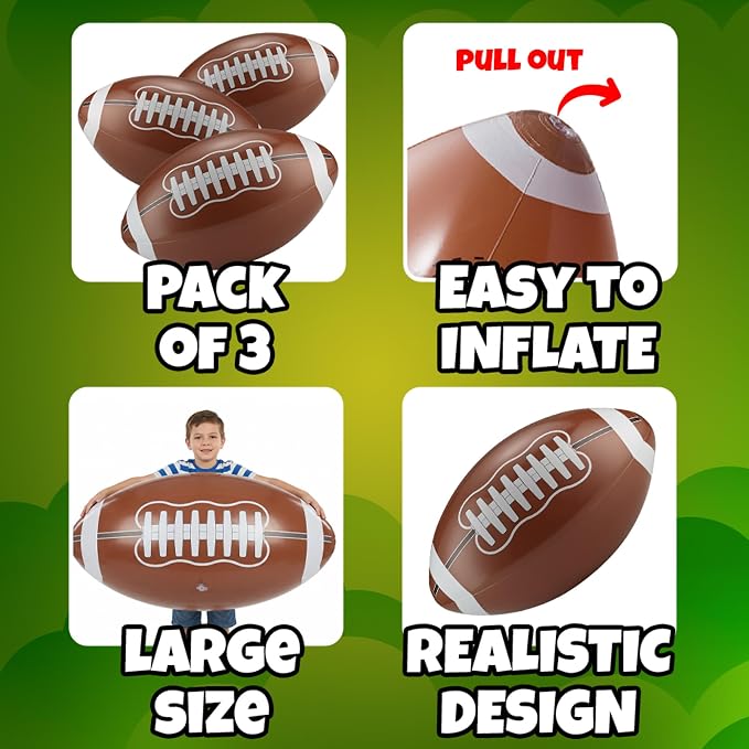 24-Inch Giant Beach Balls - (3-Pack) Inflatable Football Beach Balls - Extra Large Blow-Up Pool Balls for Kids, Summer Pool Toys, Football Party Decorations & Sports Theme Decorations