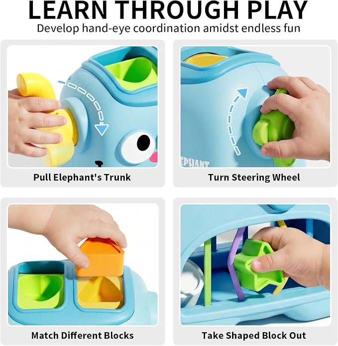 SOCBTNSO Elephant Interactive Shape Sorter Toys for 18 Months+, Montessori Matching & Sorting Toys with 6 Sensory Shape Blocks, Developmental Infant Birthday Gifts for Learning Toddler