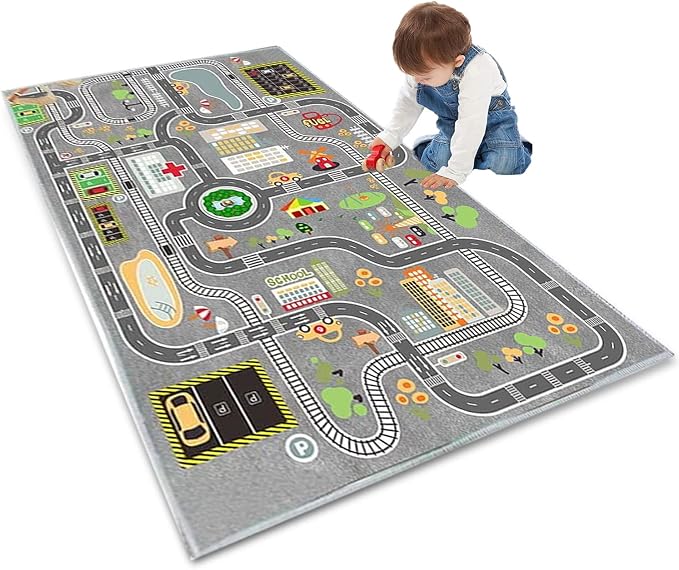 Kids Rug Play Mat Great for Playing with Cars and Toys,Educational Kid Road and Traffic City Life Carpet,Children Baby Fun Throw Rug for Bedroom Play Room,55X79Inch/140X200CM
