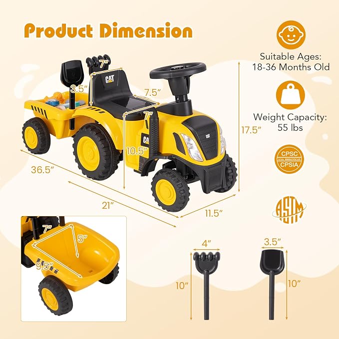 Costzon Kids Ride on Tractor, 2-in-1 Licensed Caterpillar Ride on Push Car w/Detachable Trailer, Horn, LED Lights, Rake & Shovel, Foot-to-Floor Sliding Car Gift w/No Power, Ride on Toy for Toddlers