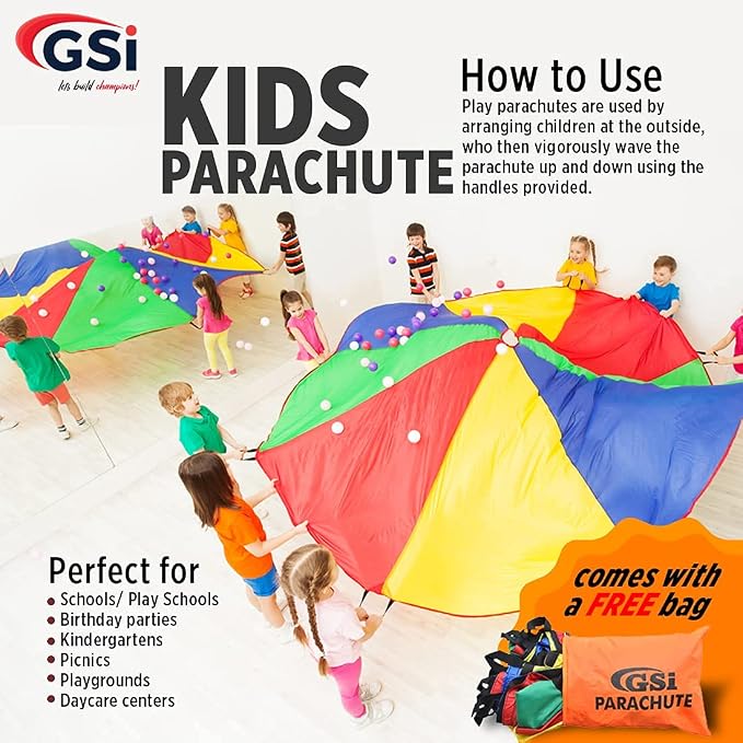 GSi Kids Play Parachute Rainbow Parachute Toy Tent Game for Children Gymnastics Cooperative Play and Outdoor Playground Activities (30 Feet)
