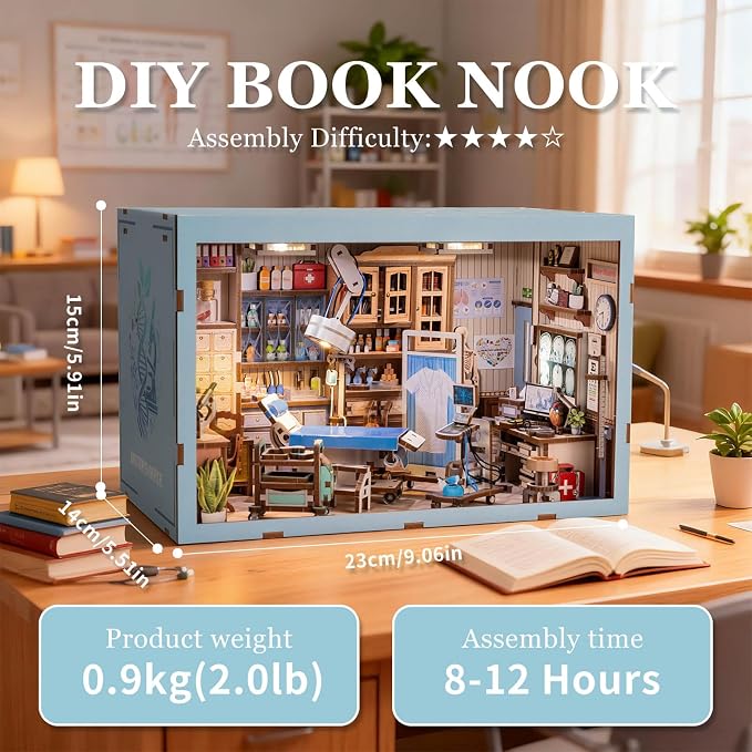 fifijoy Book Nook Kit - Doctors Office DIY Miniature House Dollhouse Kit for Adults and Teens, Booknook Mini Doctors Clinic Bookshelf Insert Decor 3D Wooden Puzzle, Gifts for Family
