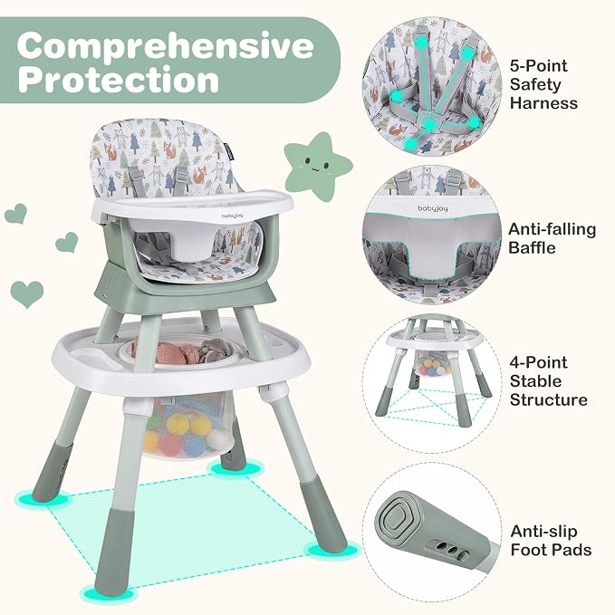 BABY JOY 16 in 1 High Chair, Convertible Baby Highchair for Babies and Toddlers with Activity Center, Booster Seat, Building Block Table, Toddler Chair with Safety Harness, Removable Tray (Green)