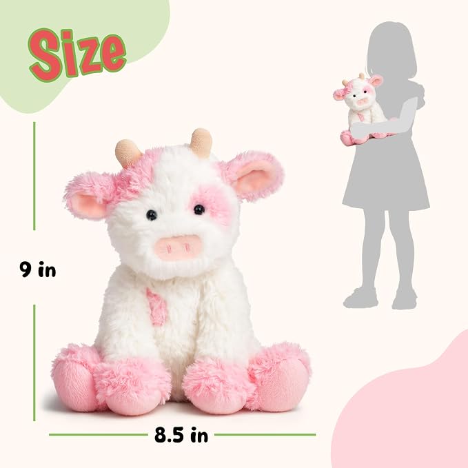 Hopearl Adorable Plush Cow Toy Floppy Dairy Cattle Soft Kawaii Stuffed Animal Cute Birthday Holiday Gift for Boys Girls Kids Toddlers, Pink, 9''