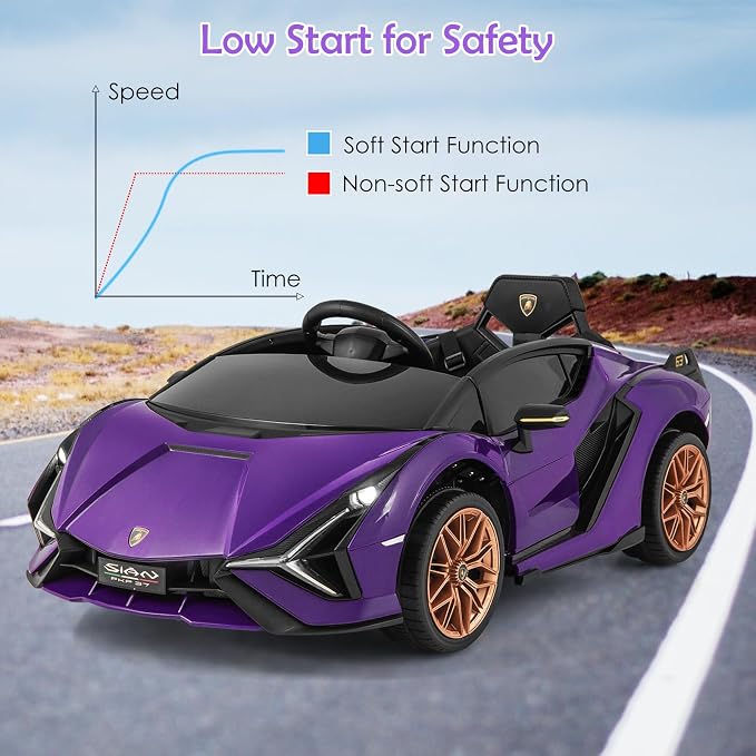 OLAKIDS Kids 12V Licensed Lamborghini SIAN Ride On Car, Electric Vehicle for Toddler with Control Remote, Battery Powered Toy with Music, Horn, 2 Speeds, Suspension, LED Lights, Bluetooth (Purple)
