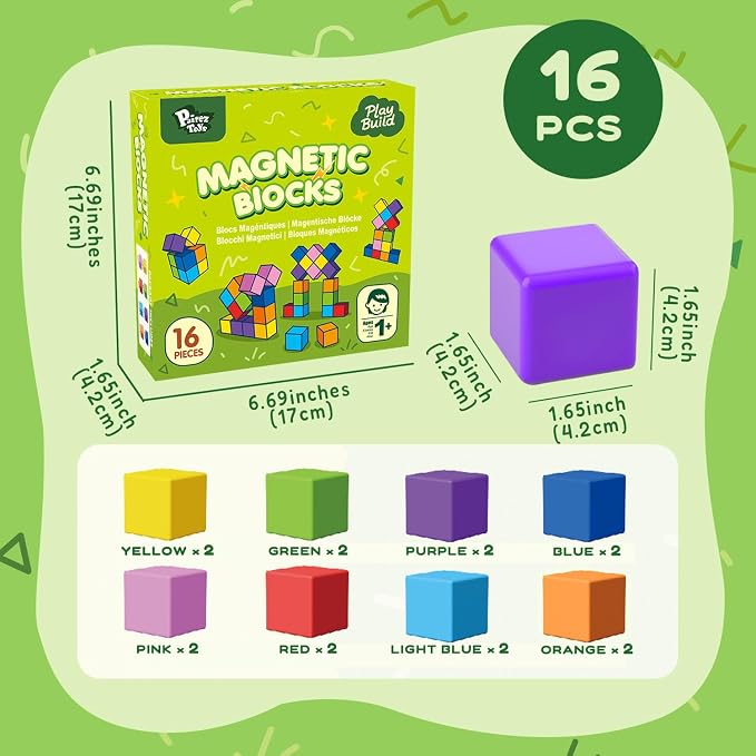 Pairez Toys Magnetic Blocks, Large Magnetic Building Blocks for Toddlers, 1.65 Inch 3D Magnet Cubes in 8 Colors, Montessori & Sensory Stacking Toy Gift for Kids Ages 1-3 (16PCS)