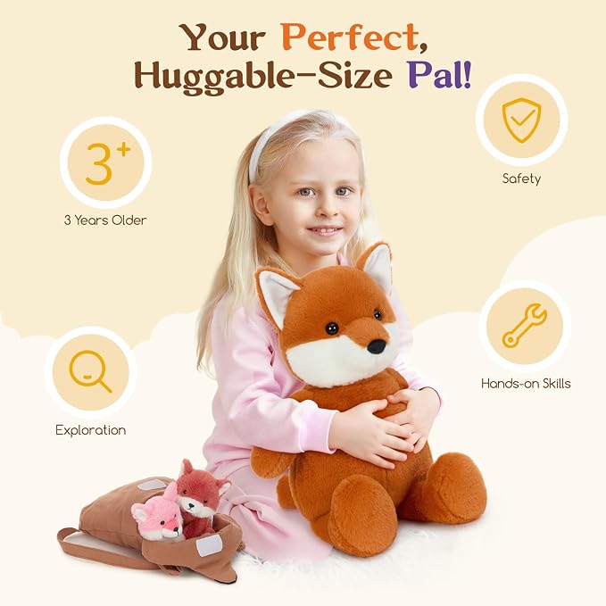 Muiteiur Fox Stuffed Animals Soft 4 Pcs – Soft Red Mommy Fox Plush Toy with 2 Cute Babies & Fox Backpack, for Kids 20inch
