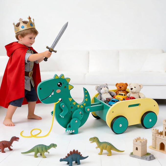 Wooden Walking Pull Along Wagon for Kids Dinosaur Toys Car Rolling Cart for Toddlers Montessori Toys Gift for 1 2 3 4 Years Old Boys Girls