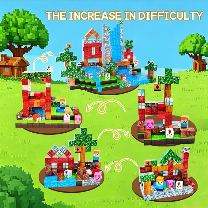 Forest Life Magnetic Blocks 150PCS - Pixel Village Themed Magnetic Cubes Set for Kids Ages 3+, STEM 3D Magnet Tiles Educational Construction Toys Sensory Montessori Stacking Blocks Gifts Girls Boys