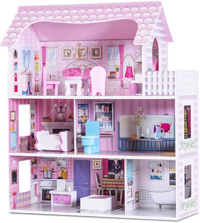 Honey Joy 3-Level Wooden Dollhouse with 8 Pcs Furniture, Pretend Play Kids Doll's House, Princess Mini Toy Playset, Gift for Little Girls (Pink, 2.5FT)
