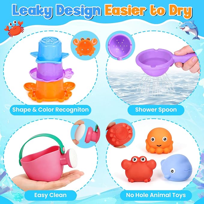 9 PCS Baby Bath Toys for Kids Ages 1-3, Mold Free Toddler Bath Toys for 2-4 with 3 No Hole Squeezing Marine Animals Toys, Bathtub Beach Sand Water Table Toys for 1 2 3 Years Old Girls Boys Gifts