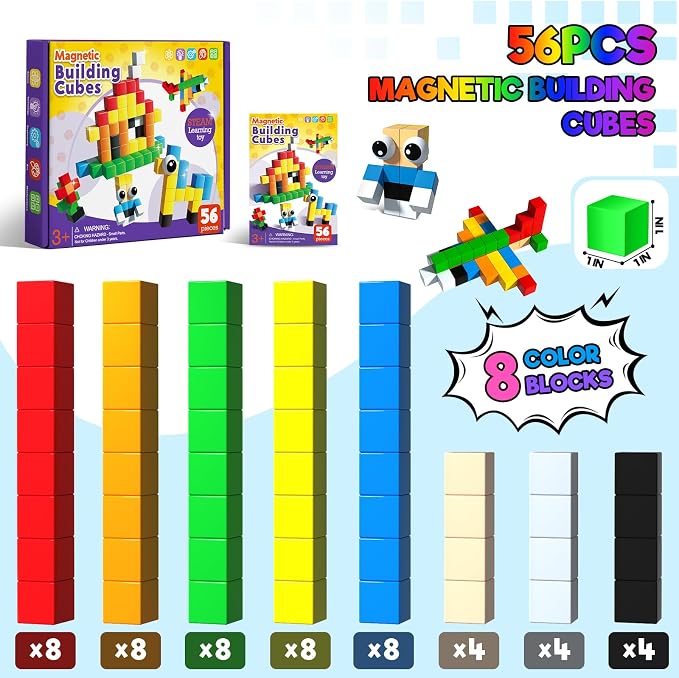Annexfun 56PCS Magnetic Blocks for Toddlers,Magnetic Building Blocks Cubes,Montessori Preschool STEM Sensory Toys for Kids Ages 3+ Boys & Girls Birthday (1IN)