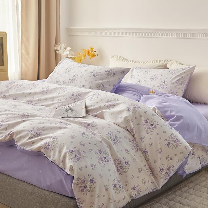 Purple Floral Comforter Set Full Size White Garden Style Floral Printed Bedding Comforter Vintage Flowers Botanical Comforter with 2 Pillowcases Cottagecore Full Bed Comforter Set for All Season