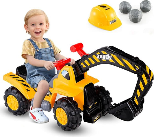HONEY JOY Ride on Excavator, No Power Ride on Construction Vehicles for Kids, Helmet, 3 Toy Rocks, Adjustable Digger, Horn, Ride On Loader, Bulldozer Ride on Toy, Gift for Boys Girls