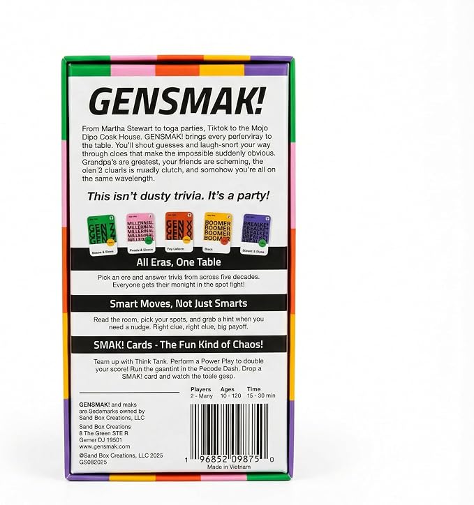 GENSMAK! Trivia Party Game for Adults & Families Multi-Generational Trivia Card Game for Game Night Funny Trivia with Hints 2-8+ Players Ages 10+