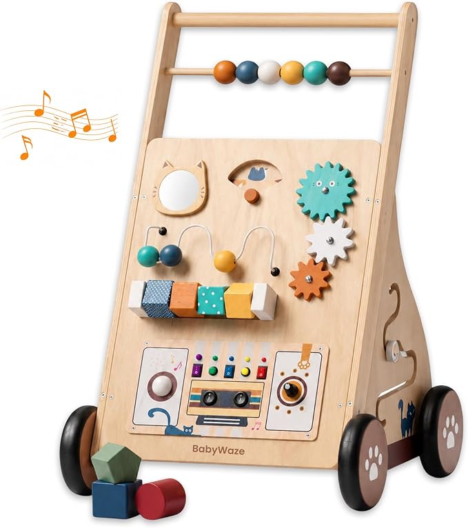 Baby Walker with Wheels - Adjustable Speed Wooden Push Walker for Babies 9-18 Months, 3in1 Montessori Sit to Stand Learning Toy with Musical Board, Shape Sorter & Bead Maze, Boys Girls