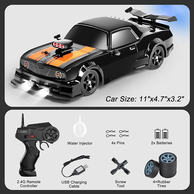 Fistone RC Drift Car 2.4GHz 1:16 Scale 4WD 18KM/H High Speed Remote Control Car with LED Lights, 2 Batteries and Rubber Tire, Racing Sport Toy Vehicle for Adults, Boys, Girls, and Kids