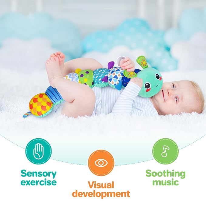 KMUYSL Baby Sensory Caterpillar Toys for 0-6 6-12 Months, Soft Plush Activity Toy with Crinkle, Rattle & Gentle Music, Tummy Time Toy for Infant Newborn, Early Development Toy Shower Gifts for Baby