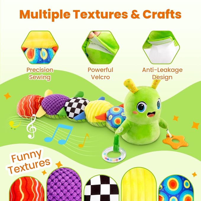 GoGonova Musical Caterpillar Baby Sensory Toy for Infant Development 0-12 Months – Tummy Time Crawler & Teether – Newborn Bath, Car Seat, Stroller & Bassinet Activity Toy & Gift(Green)