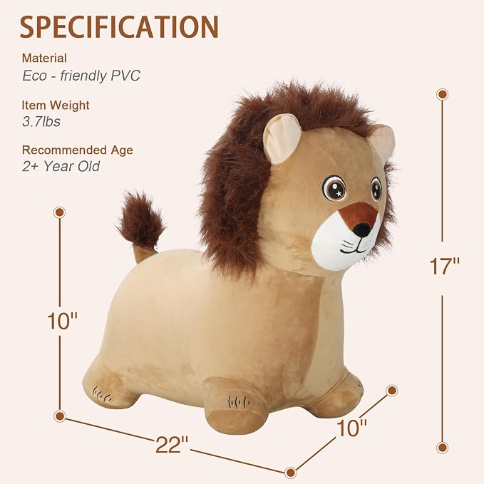 INPANY Bouncy Horse, Lion Hopper Toys, Toddlers Plush Bouncing Animal Hopping, Bounce Buddies, Inflatable Ride on Rubber Bouncer, Indoor Outdoor Birthday Gifts Toy for 2 3 4 Year Old Girls Boys