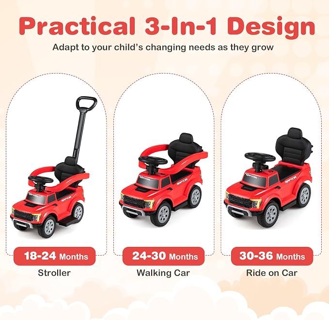 Costzon Ride On Push Car for Toddlers, 3-in-1 Ford Licensed Sliding Car w/Handle, Guardrail, Horn, Engine Sound, LED Lights, Under Seat Storage, Foot-to-Floor Kids Ride On Toys for Boys Girls (Red)