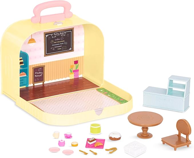 Li'l Woodzeez – Pastry Shop Playset – Compact Travel Suitcase Dollhouse – Furniture & Accessories Included for Pretend Play – Kid's Toy 3+ Years