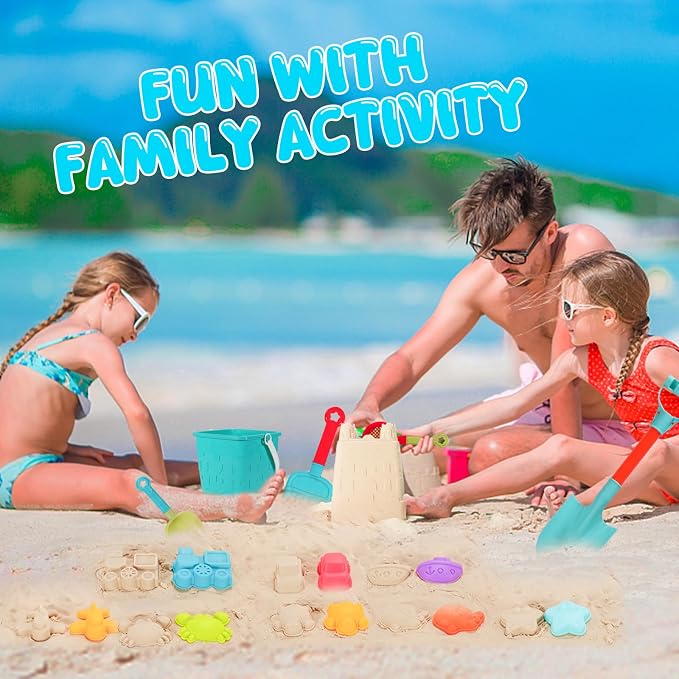 14 Piece Beach Toys,Castle Barrel Bucket,Sea Animal and Traffic Sand Molds,Beach Shovel Tool Kit, Fun Outdoor Games Beach Accessories for Boys Girls