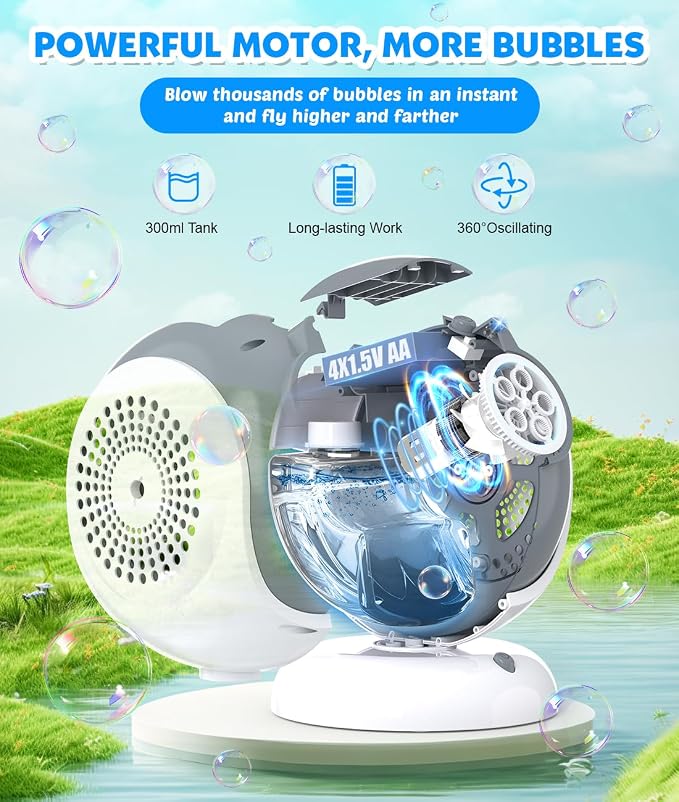Joyfuture Bubble Machine - Automatic Bubbles Blower for Kids, Toddlers - 360° Rotation & 75° Adjustment, Bubble Toys with LED Light - Gifts for Boys, Girls, Halloween, Outdoor, Birthday, Party