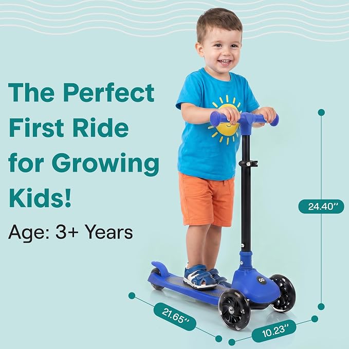 SereneLife Toddler Scooter, Adjustable Micro Scooter for Ages 2-5, Lightweight Kids 3 Wheel Design with LED Light-Up Wheels, Anti-Slip Deck & Lean-to-Steer Control, Indoor/Outdoor Use (Blue)