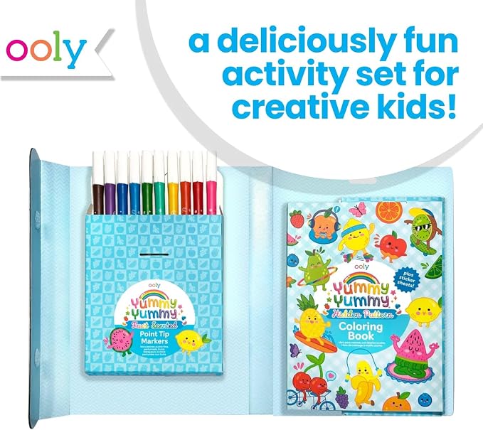 Ooly Travel Art Kit for Kids – Yummy Yummy Scented Coloring Kit, 1 Fruit-Scented Markers, 1+ Stickers, 3-Page Coloring Book, Mess-Free Road Trip & Airplane Activity