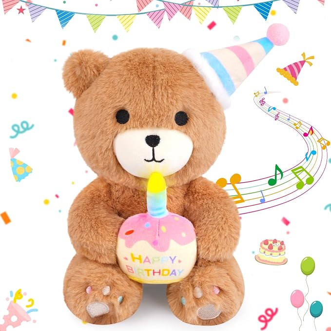 Birthday Teddy Bear Plush Toy- Happy Birthday Singing & Glow Stuffed Animal, Musical Dancing Bear Stuffed Animal with Light-Up Cake, Singing Toy Party Doll Decor Gift for Kids Boys Girls