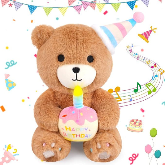 Birthday Teddy Bear Plush Toy- Happy Birthday Singing & Glow Stuffed Animal, Musical Dancing Bear Stuffed Animal with Light-Up Cake, Singing Toy Party Doll Decor Gift for Kids Boys Girls