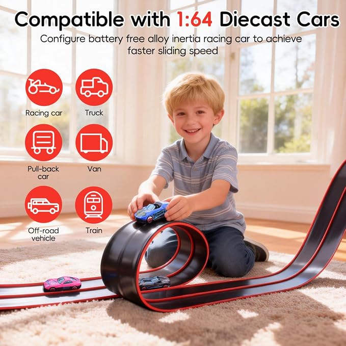 Flexible 15 Ft Race Track Starter Set for Kids Age 3+, Portable Car Track Playsets Compatible with Diecast 1/64th Cars, Long Kid Cars Ramp with Suction Cups, Rolls Up for Storage(Black)