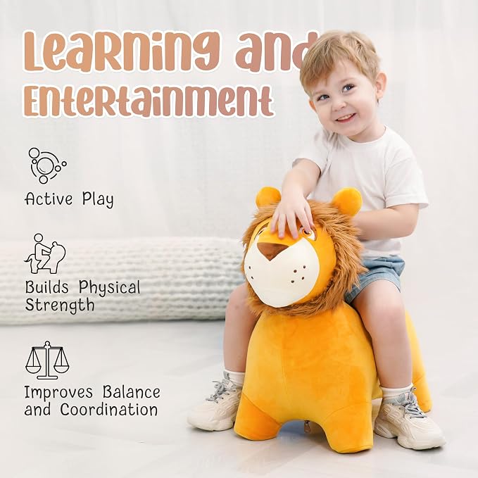 Lion Bouncy Hopper Horse, Inflatable Plush Hopping Toy, Bouncing Animal Hopper for Toddlers, Fun Ride-On Toy for Kids 18 Months-6 Years, Indoor & Outdoor Play, Great Gift Boys Girls