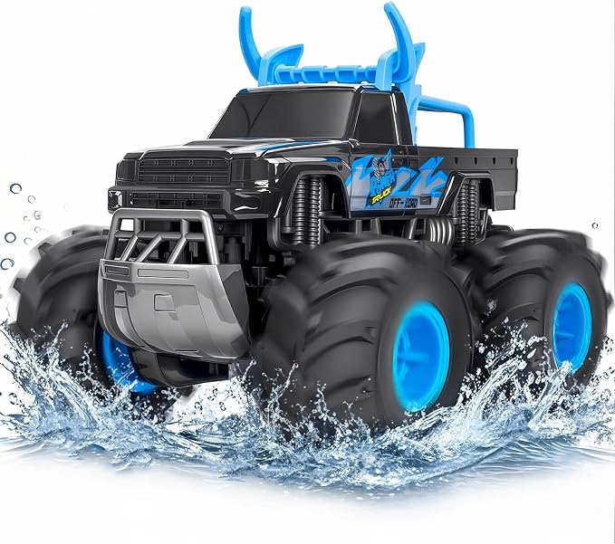 Lacchoufee 1:16 Waterproof Monster Truck Toys RC Cars, 2.4GHz Remote Control Truck for Kids Boy Ages 8,9,10,11,12 Years Old, 4WD All Terrain Off-Road with LED Lights RC Boat for Boy Girl Birthday Gift