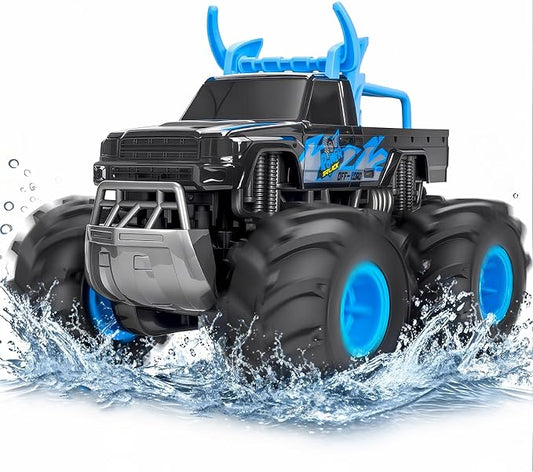 Lacchoufee 1:16 Waterproof Monster Truck Toys RC Cars, 2.4GHz Remote Control Truck for Kids Boy Ages 8,9,10,11,12 Years Old, 4WD All Terrain Off-Road with LED Lights RC Boat for Boy Girl Birthday Gift