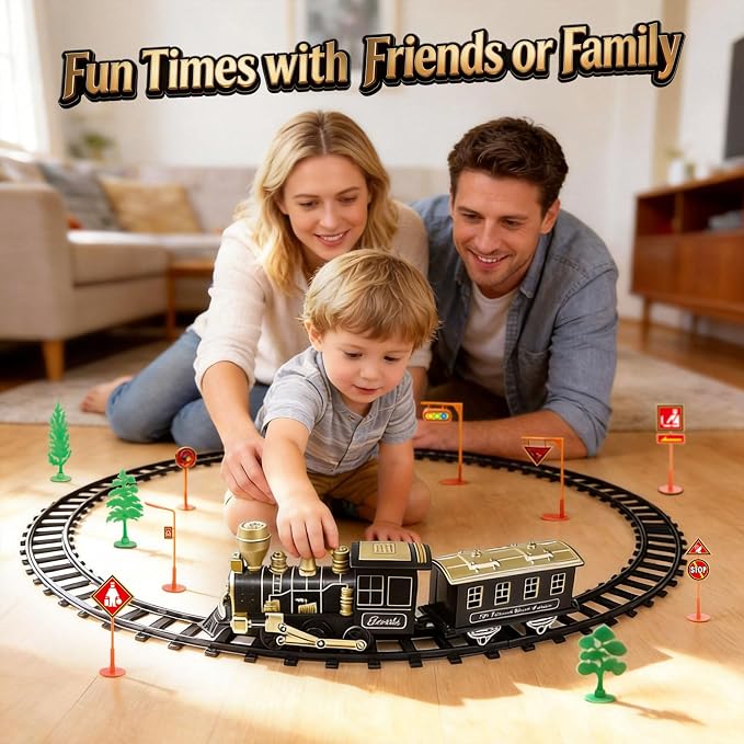 Electric Train Set, Ages 4-8 – Christmas Train with Locomotive, Passenger Car, 6 Curves, LED Light & Sound – Indoor Toy for Kids, for Holiday Village or Train Table