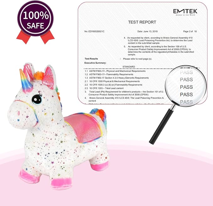 INPANY Unicorn Bouncy Horse Toys, Inflatable Unicorn with Rainbow Plush | Soft Washable Cover, Thick PVC, Stable 4-Leg Base, Cute Unicorn, Easy Inflation, Indoor & Outdoor Play, Gifts for 2-4 Kids