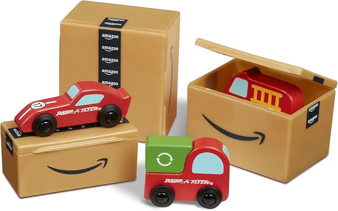 Radio Flyer Amazon Delivery Van, for Ages 2+, Ride and Deliver Truck for Kids, Under Seat Storage, Ergonomic Seat, Includes 3 Mini Boxes & 3 Wooden Toys, Toddler Ride On Toys, Amazon Exclusive