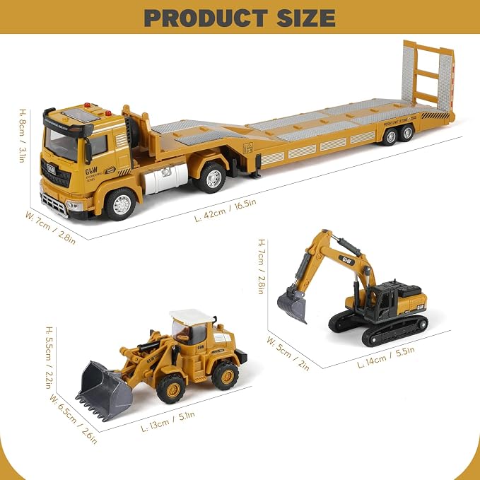 Kids Construction Truck Vehicles Toys 3 Set, Inertial Driving Metal Semi Truck Trailer and Diecast Excavator Bulldozer with Lights Sounds and Movable Parts Learning Toys Gift for Boys