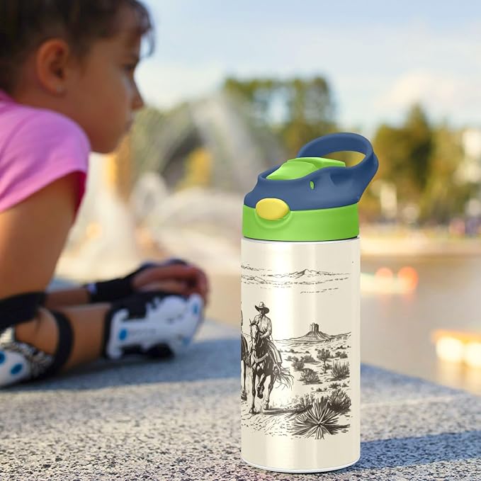 Boccsty Horse Cowboys Kids Water Bottle with Straw Lid American Wild West Desert Insulated Stainless Steel Reusable Tumbler for Boys Girls Toddlers 12 oz Green