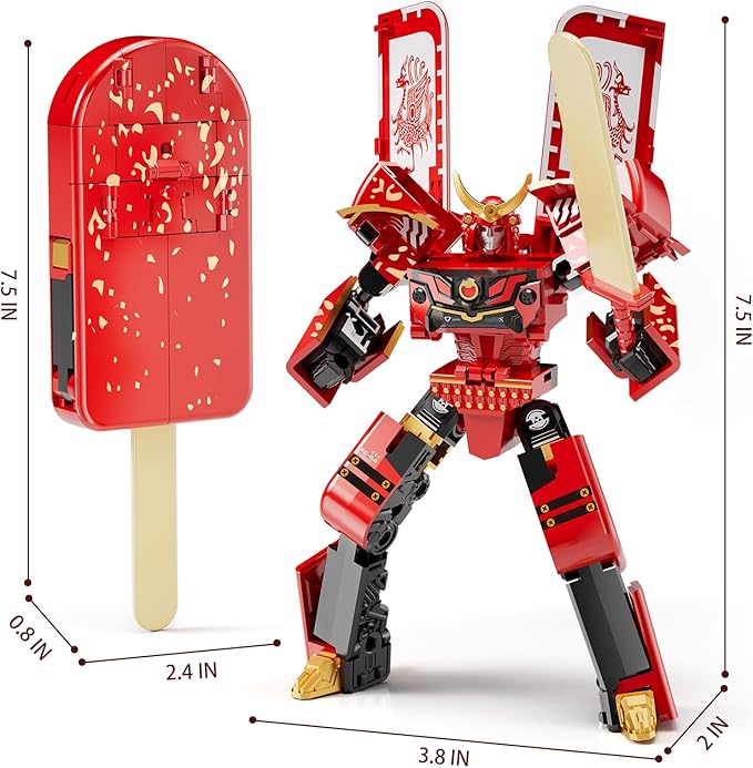 BOZOBO Ice Cream Transforming Toy, 2 in 1 Popsicle Transform into Robot Action Figure, DIY Transformation Figure Toys for Kids & Adults Action Figures for Boys Party Favors Gift (Red)