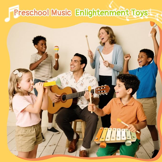 Wooden Musical Instruments for Toddlers 2+ Year Old Montessori Xylophone Maracas Clapper Rattles Trumpet Baby Musical Toys with Storage Bag Gifts for Boys Girls