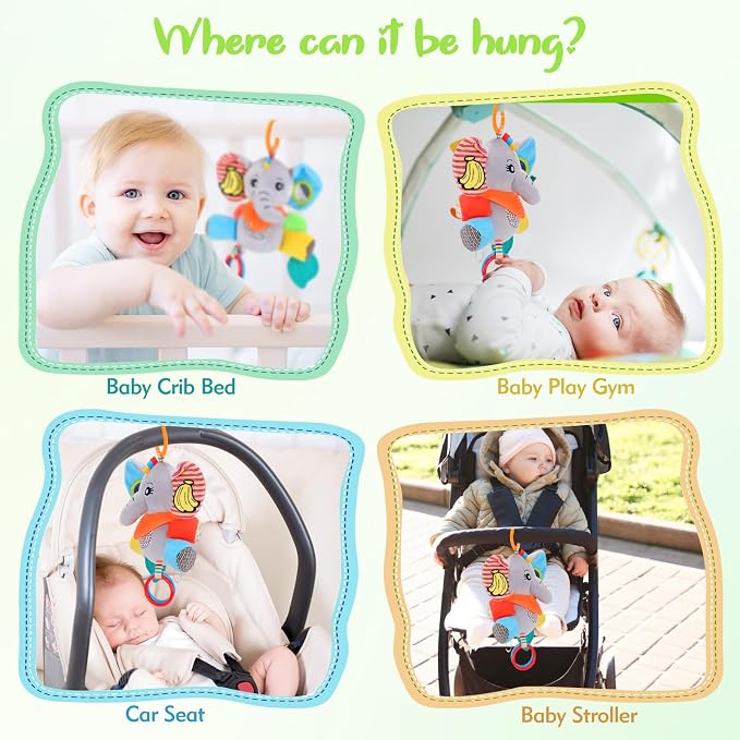 Baby Toys 0-6-12 Months: Elephant with Detachable Touch-Sensitive Sound Box (30 Sounds), Removable Bib, Teether, Rattle, BB Squeaker, Mirror | Attaches to Strollers, Car Seats, Carriers
