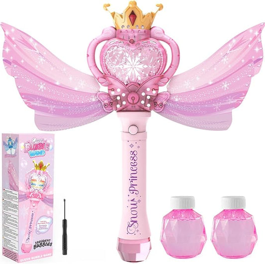 Princess Bubble Wand for Girls 3-12, Large Light Up Bubble Machine with Music, Detachable Sparkly Wings, Handheld Bubble Maker, Birthday Gift for Toddler Kids, Pink (Batteries Not Included)