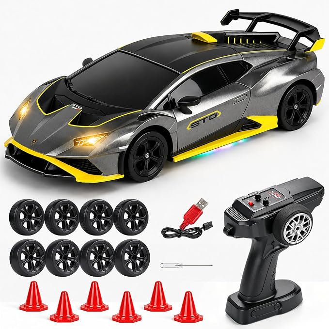 YESHIN 1：24 Lamborghini Haracan Drifting Car Gray, Lamborghini Toy Car, RC Cars for Boys Age 8-12, 2.4GHz Remote Control Car with Light