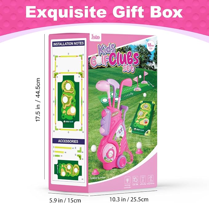 Toddler Golf Set for Boys Girls 2 3 4 Years Old, Upgraded Kids Golf Cart with Putting Mat & Cornhole Board, Outdoor Indoor Sports Toys, Pink