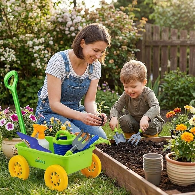 Dimple Garden Wagon & Tools Toy Set, Kids Gardening Set - 15 Pcs Outdoor Toys for Toddlers, Sand Toys - Sturdy & Durable - Top Yd, Beach, Sand, Garden Play Set for Kids & Toddler Gardening Tools